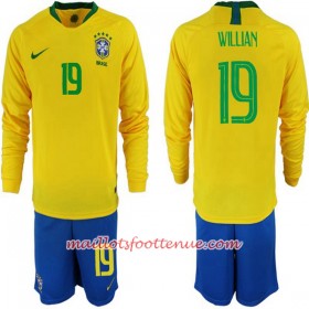 Maillot/Tenue Brésil Willian 19 Enfant Domicile Coupe du monde 2018 Manche Longue